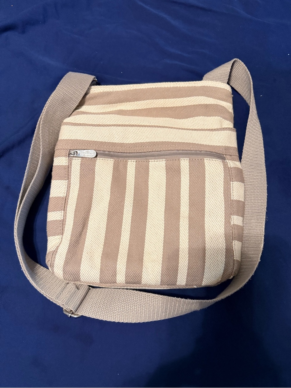 Thirty One Striped Canvas Crossbody Bag in Beige and Cream